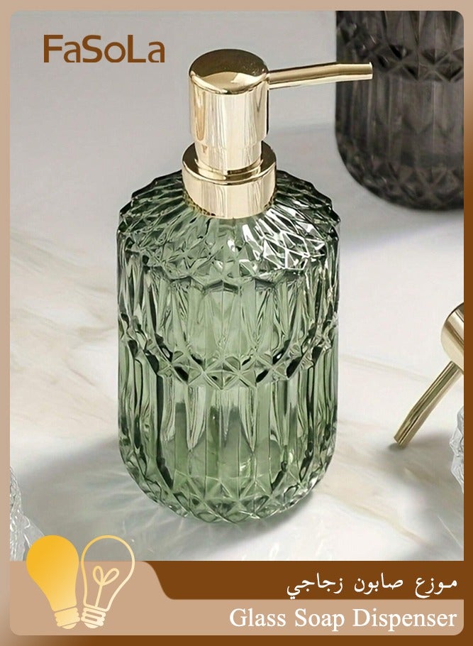 فاصولا موزع صابون زجاجي، عبوة شامبو قابلة لإعادة التعبئة 405 مل، موزع زجاجي أخضر كلاسيكي مع مضخة، حاوية صابون سائل للحمام مانعة للتسرب، إكسسوارات حوض المطبخ لديكور المنزل وهدية منزلية جديدة (أخضر) - Image 1